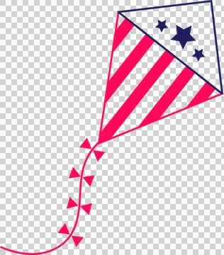 Gliding flat kite showing red stripes, navy star panel, string bows on clear Stock Illustration