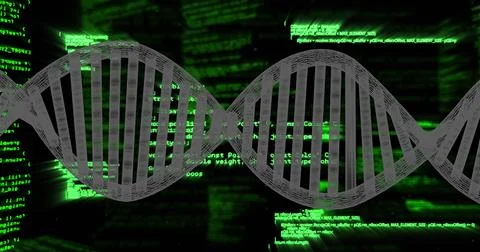 Gliding gray 3D DNA double helix stretching across deep black backdrop, with Illustration