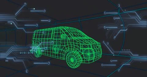 Gliding green wireframe mid-size van moving through virtual tunnel, with wheels Stock Photos