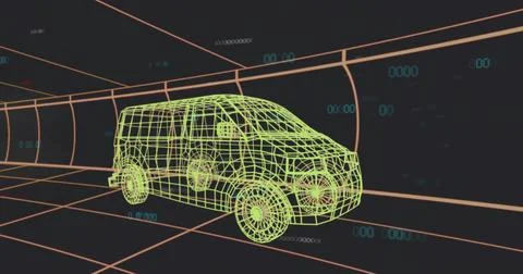 Gliding lime green wireframe van moving through digital tunnel, with orange Stock Illustration