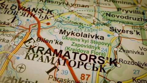 Gliding macro view over atlas map from Sloviansk to Kramatorsk, Ukraine Stock Footage 341269133