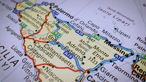 Gliding macro view over atlas map flying over Sicily Stock Footage 341751548