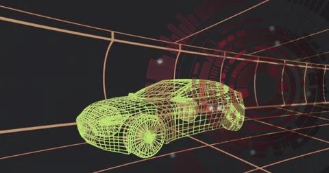 Gliding neon-green wireframe car traveling through digital tunnel, with orang Stock Illustration