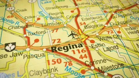 Gliding over a map showing roads leading to Regina, Canada Stock Footage 345784518