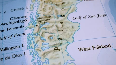 Gliding over patagonia on a physical map Stock Footage 341750997