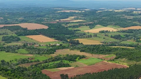 Gliding Over Patchwork Farmland in Nueva Alborada, Paraguay, Aerial View Stock Footage 346491925