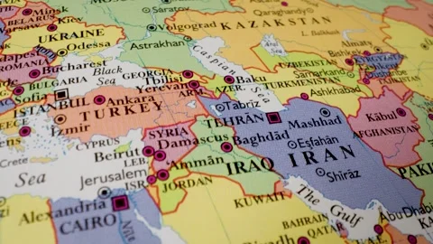 Gliding over the political map from Egypt to Kazakhstan across Asia Stock Footage 340106274