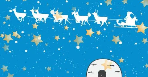 Gliding reindeer pulling Santa wearing hat in sleigh over arctic night sky, with Ilustração Stock