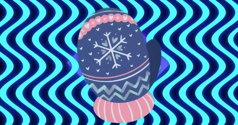 Gliding stylized winter mitten across neon wavy stripe backdrop, with snowflake 스톡 일러스트