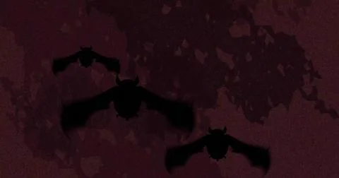 Gliding three silhouetted bats flying across deep maroon night sky, showing Stockillustratie