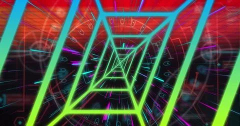 Gliding through neon frames in cyberspace corridor, with light streaks and Stock Illustration