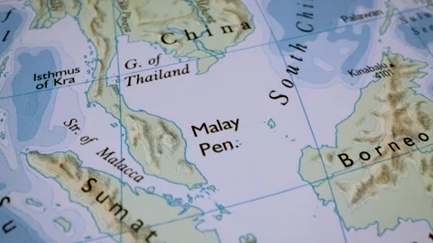 Gliding view from indochina to sumatra, java and borneo on a physical atlas map Stock Footage 341699114