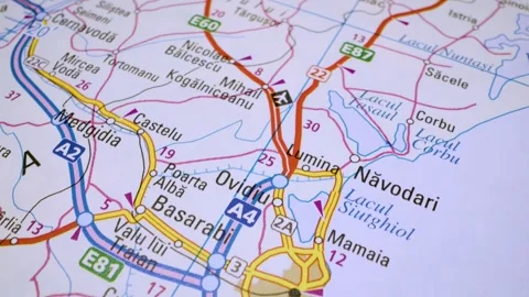 Gliding view over atlas map showing the road network leading to Constanta Stock Footage 341752101
