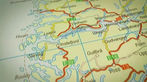 Gliding view over atlas map panning to Bergen, Norway Stock Footage 343125396