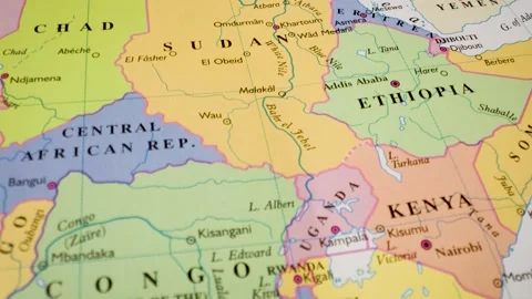 Gliding view over part of the african continent on detailed political paper map Stock Footage 340105394