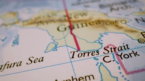 Gliding view over physical atlas map from Gulf of Carpentaria to New Guinea Stock Footage 340917246