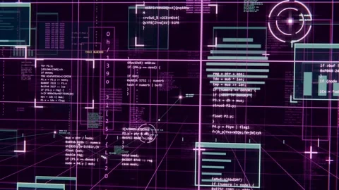 Gliding viewpoint revealing clustered GUI panels across magenta grid, centering Stock Footage 340268164