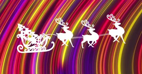 Gliding white sleigh with scrollwork, gifts and three reindeer silhouettes Stock Photos