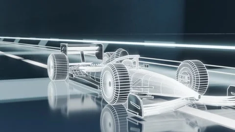 Gliding wireframe openwheel racer revealing geometry across shiny floor, dolly Vídeo Stock 337904250