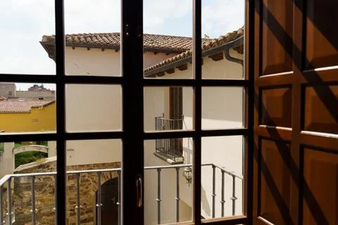A Glimpse of Astorga's Charm Through a Windowpane Stock Photos