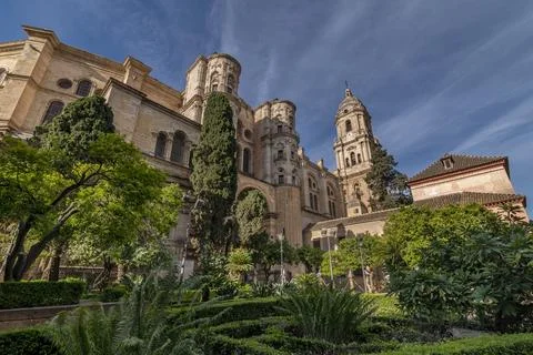 A glimpse of the Cathedral of Malaga, Spain, surrounded by greenery Stock Photos