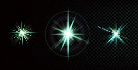Glint flare light effect. Glow green stars set with circular reflection on da Stock Illustration
