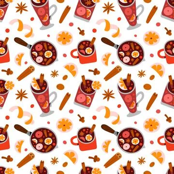 Glintwine pattern, mulled wine drinks with seasoning and spice, cinnamon and Stock Illustration