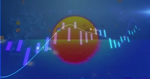 Glitch animating chart, bars shifting and tracing smooth line over sun disc, Stock Footage 334038505