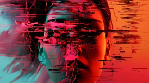 Glitch art portrait blends red cyber streaks with soft bokeh Stock Footage 317215929