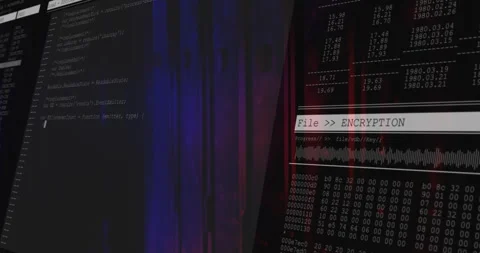 Glitch background starting editor and overlay showing code with hex dump Stock Footage 315577463