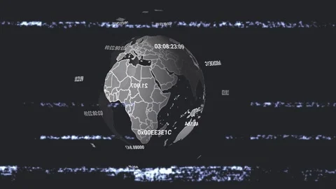 Glitch bands sweeping, stylized 3D globe rotating, floating codes orbiting to Stock Footage 329899251