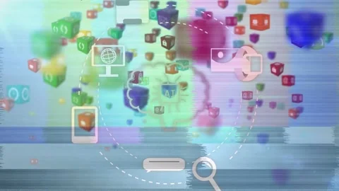 Glitch bars starting 3D cubes floating, rotating around chip as UI icons Stock Footage 334881850