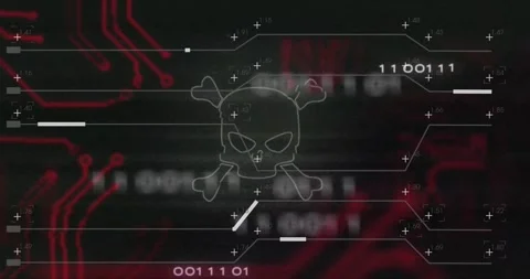 Glitch bars sweeping while skull outline fading and red circuits pulsing with Stock Footage 316623861