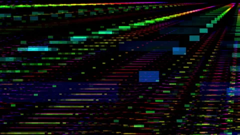 Glitch blocks multi coloured light rays on a dark background Stock Footage 299725175