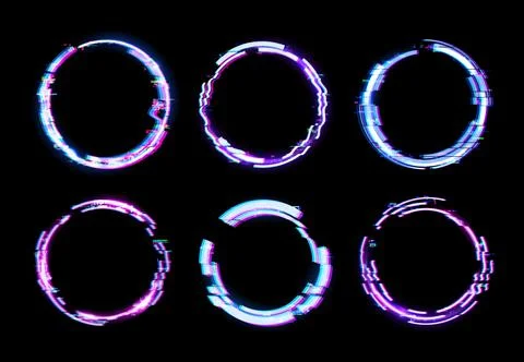 Glitch circle frames with neon digital noise borders Illustrazione stock