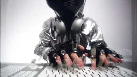 Glitch computer hacker in silver jacket Stock Footage 145543728