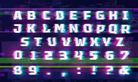Glitch cyber font. Vector illustration of distorted letters, numbers and signs. Stock Illustration