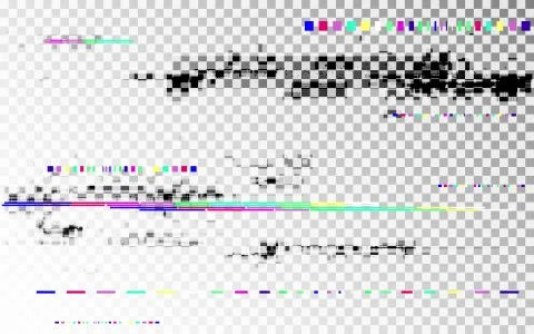 Glitch digital distortion on transparent backdrop. Color shapes template. Hor Illustrazione stock