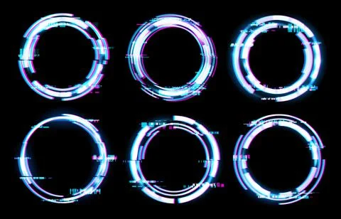 Glitch digital frames, circles neon light effect Stock Illustration
