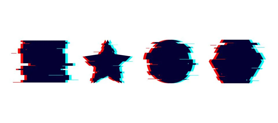 Glitch distorted geometric shapes set. Circle, square, star, hexagon with TV or Ilustración de archivo