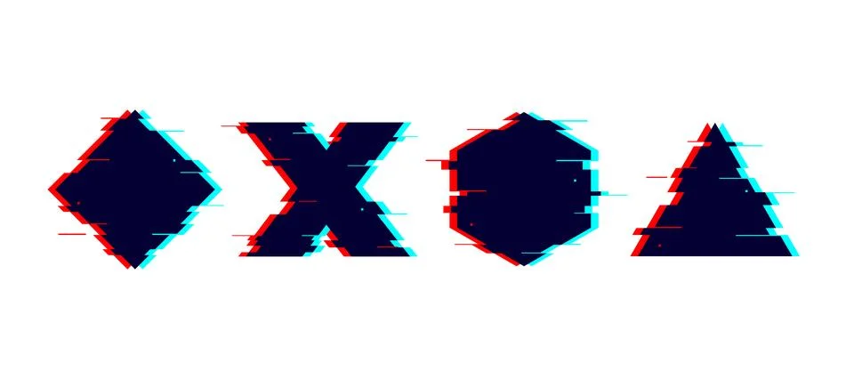 Glitch distorted geometric shapes set. Cross, square, triangle, hexagon, rhomb Stock Illustration