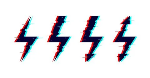Glitch distorted lightnings set. Thunderbolts with TV or vhs noise. Futuristic Stock Illustration