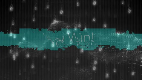 Glitch distortion starting text reveal showing You Win! emerging in binary rain Stock Footage 310438749