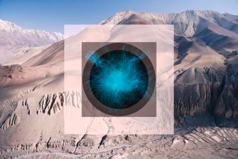 Glitch effect and glowing sphere in mountains, Jomsom, Nepal 库存插图