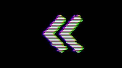 From the Glitch effect arises chevron double left symbol. Then the TV turns off. Stock Footage 132201965
