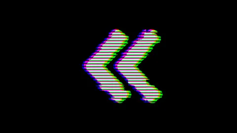 From the Glitch effect arises chevron double left symbol. Then the TV turns off. Stock Footage 132201976
