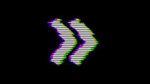 From the Glitch effect arises chevron double right symbol. Then the TV turns Stock Footage 132202004