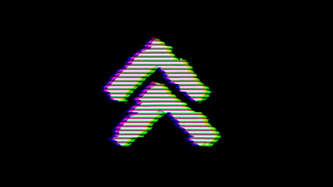 From the Glitch effect arises chevron double up symbol. Then the TV turns off. Stock Footage 132202030