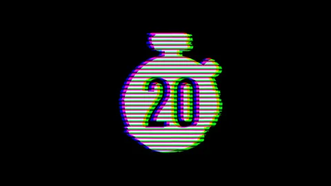 From the Glitch effect arises stopwatch 20 symbol. Then the TV turns off. Alpha Video stock 132021691