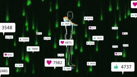 Glitch-effect avatar being animated in code rain, with floating social Stock Footage 328710068